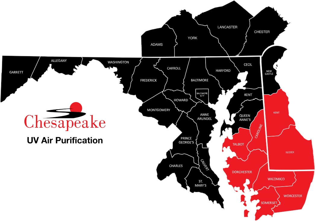 area map covering uv air purification services in delaware and maryland