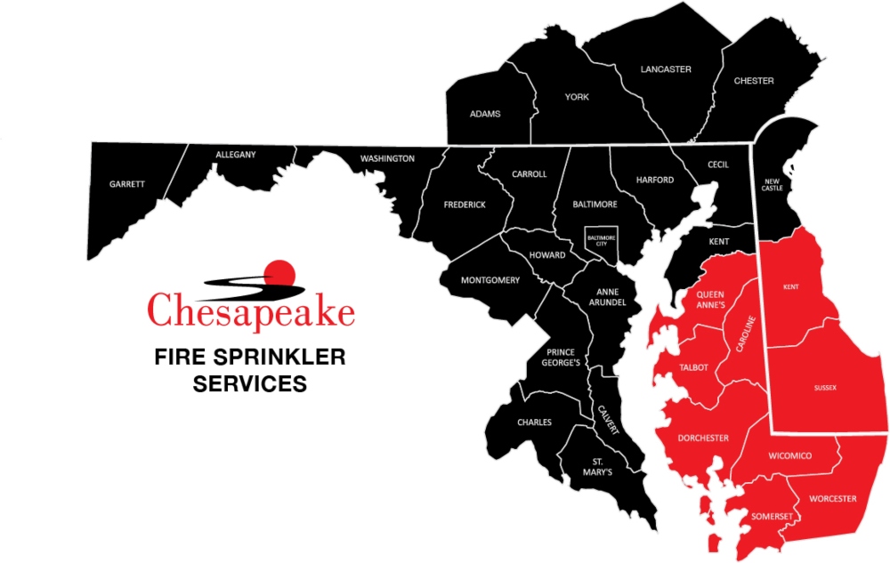 areas map covering fire sprinkler services in delaware and maryland